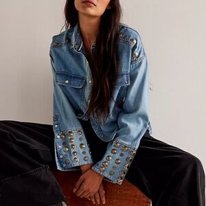 NWT Free People We The Free Denim Austin Silver Pearl Western Boho Top Jacket XS